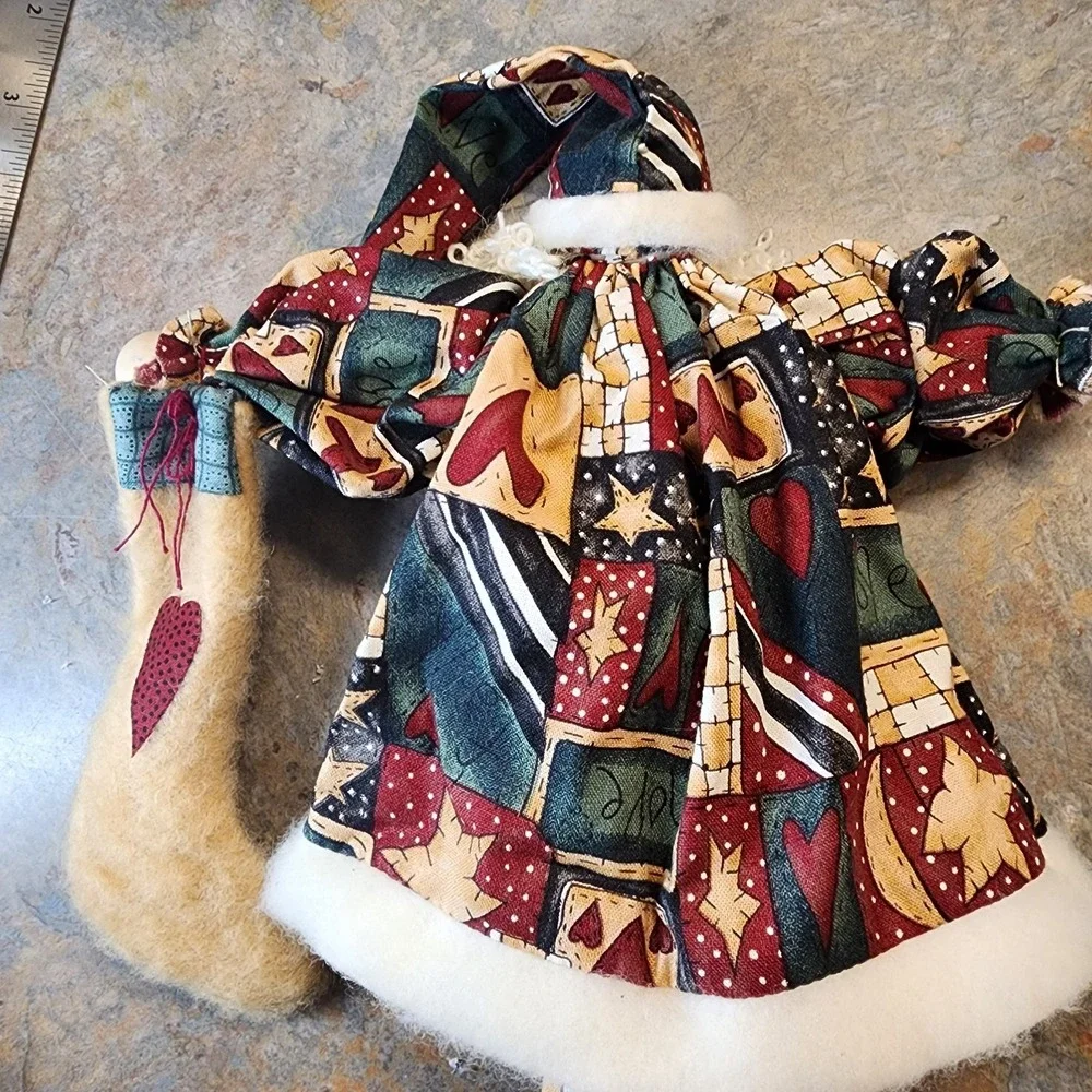 Vintage Handmade  Folkart Farmhouse Santa  made with fabric and wooden